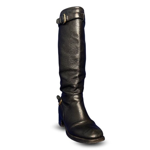Prada Black Leather Mid-Calf Riding Boots EU 40 / US 9.5 Gold Buckle Detail - Picture 2 of 10
